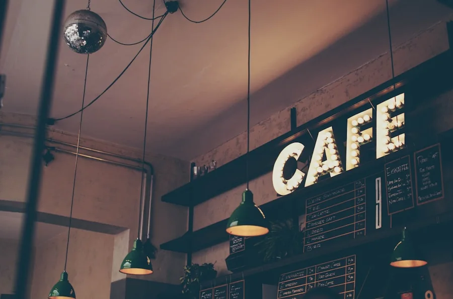 Warm, sunlit café interior with wooden furniture