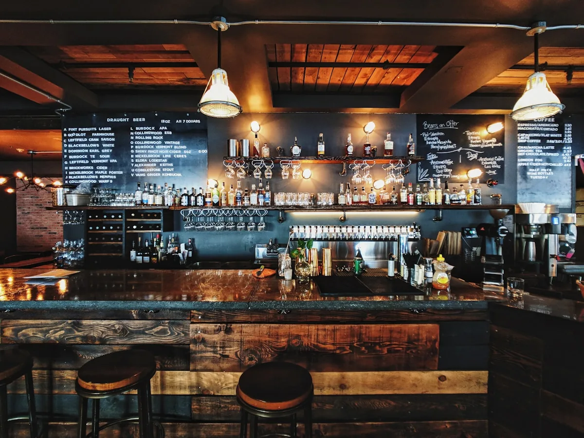 Moody lounge with warm ambient lighting